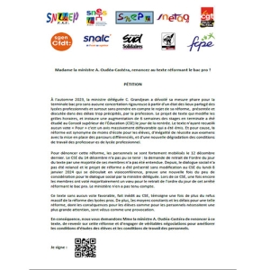 Petition intersyndicale : Madame la ministre A. Oudéa-Castéra, renoncez au texte réformant le bac pro !