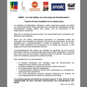AESH : un vrai métier, un vrai corps de fonctionnaire ! Toutes et tous mobilisé·es le mardi 9 juin