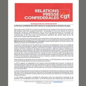 Le Bureau confédéral de la CGT alerte sur la gravité de la situation du pays